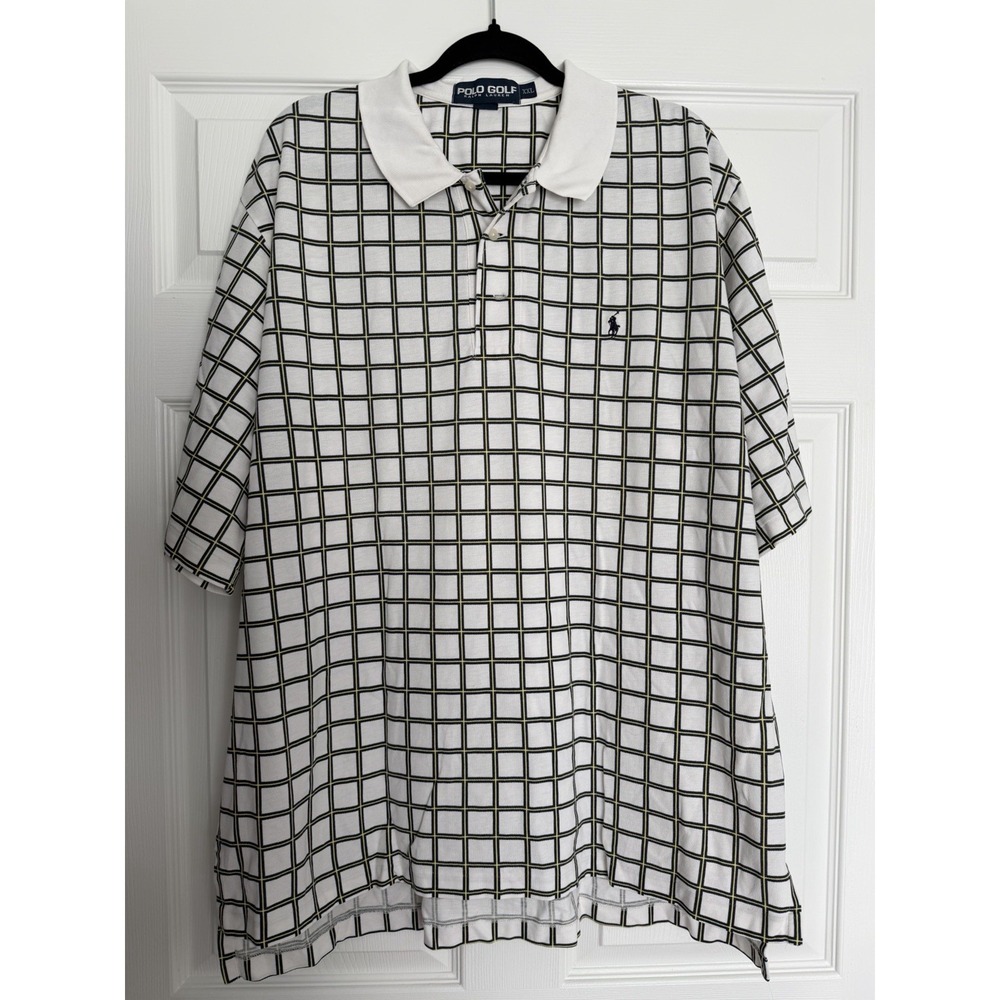Vintage 90s Polo Golf Ralph Lauren Windowpane Polo Shirt XXL White Grid Plaid